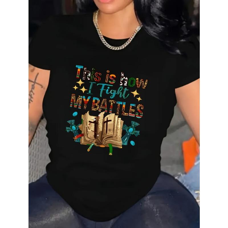 Women's colorful English alphabet book pattern printed round neck short-sleeved T-shirt
