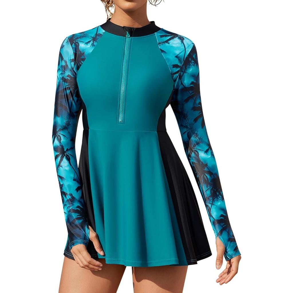 Charmleaks Скромные женские купальники из 2 предметов, платье для плавания с трусами, молния, UPF 50+, рашгард, платье с отверстиями для большого пальца