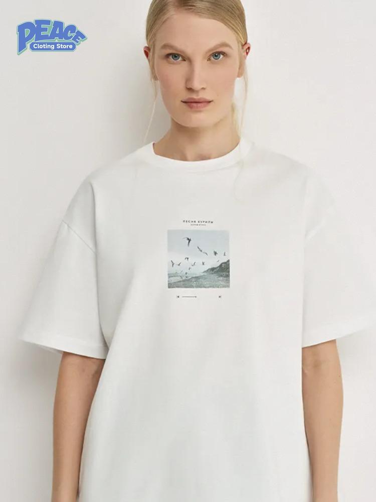Seagull Scenery Printed T-shirt 100% Cotton T-shirt Women's Clothing Summer Fashion Simple Lovely Casual Comfy Short Sleeve Top