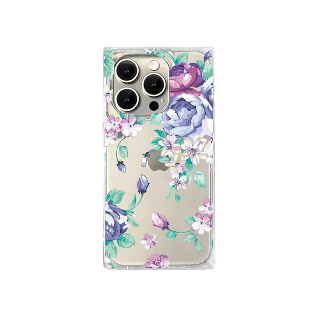 Прозрачный квадратный чехол-накладка для iPhone 14 Pro Max 16 ProMax 12 11 13 15 Plus, защита от окисления, чехол с узором 'Пурпурная роза'