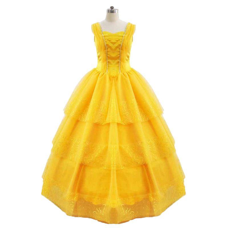 Disney Princess Belle Cosplay Costume Fancy Dress Halloween Adult Yellow Layered Full-length Ball Gowns