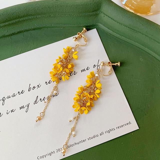 Серьги-клипсы в японском стиле с розовыми и белыми цветами и кисточками, без прорезей, длинные, с кристаллами, элегантные, цветочные, для невесты на свадьбу