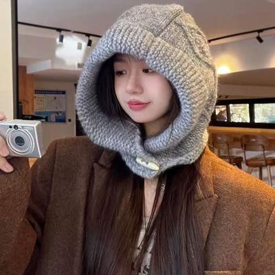 Балаклава Большой Обхват Головы Вязаная Шапка Женская Зимняя Теплая Защита Ушей Шерстяная Шапка Защита Шеи Шапка-Свитшот