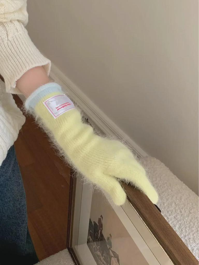 Women's Korean Style Colorblock Wool Long Gloves - Warm, Windproof, Five-Finger Design for Winter Cycling