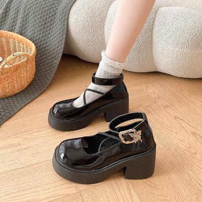 2024 Новые однотонные универсальные женские туфли на квадратном каблуке со стразами и пряжкой, круглый носок, толстый каблук, верхняя одежда для женщин