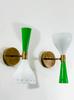 Mid Century Diabolo Wall Sconce: Brass, Green & White, Set of 2