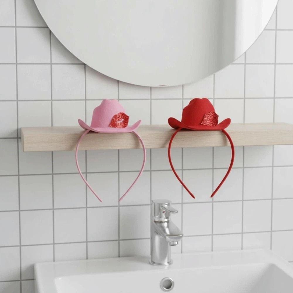 Felt Pink Cowboy Hat Headband Plastic Shining Lip Print Hairband Festival Hair Accessories Party