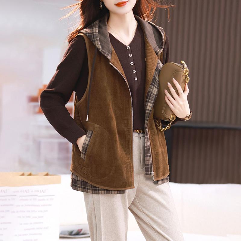 Hooded Vest Jacket Women's Spring and Autumn Zipper Solid Color Pockets Outside Sleeveless Tops