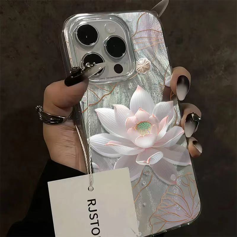 Ударопрочный чехол для телефона с принтом пионов и лотосов для IPhone 17 16 15 14 13 12 11 Pro Max XS XR 7 8 Plus 13 16E Посеребренная крышка
