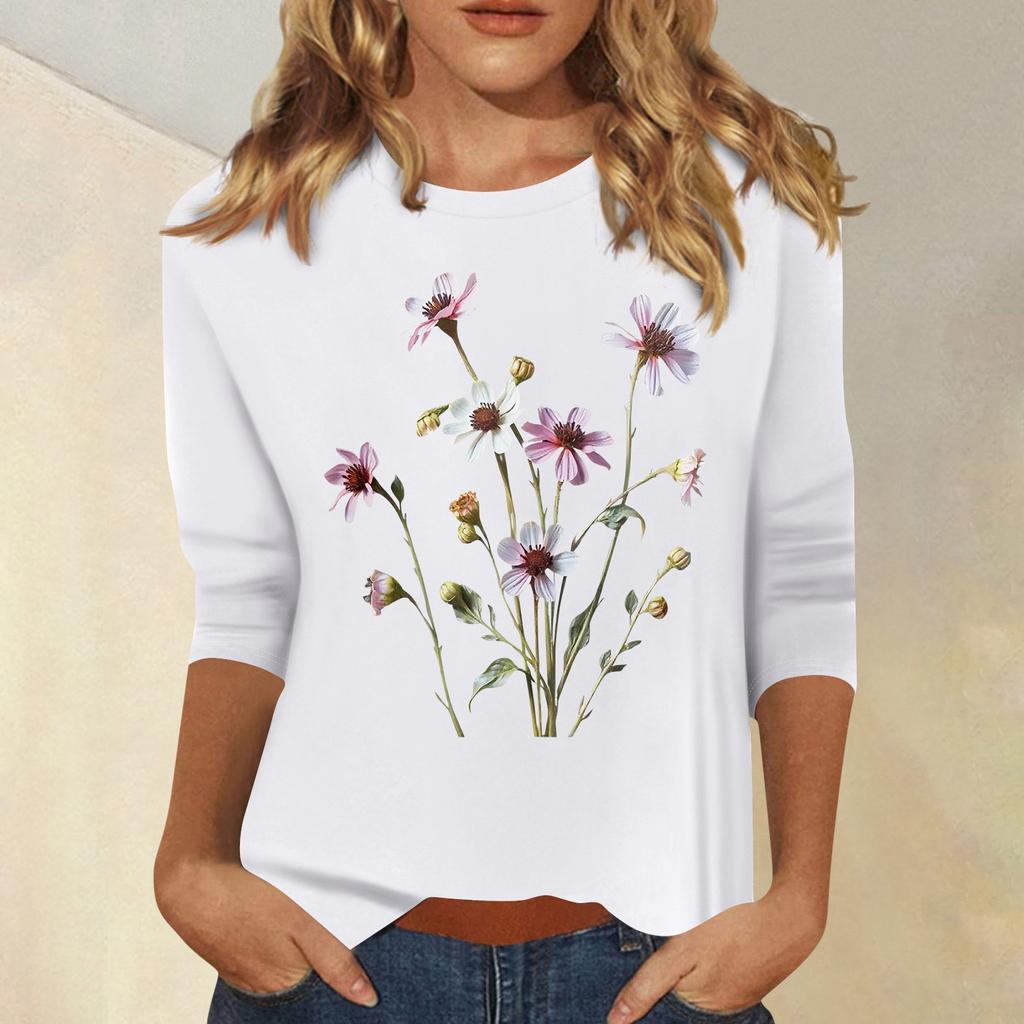 Women's Fashion Casual Printed Seven Sleeve Round Neck Top