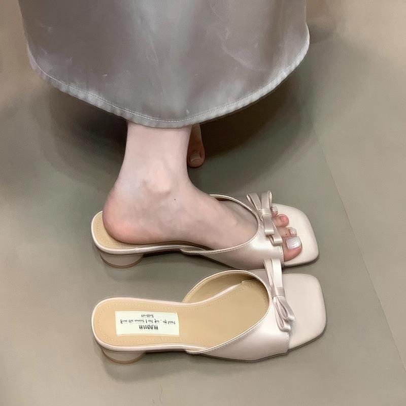Fashion 2025 New Slipper Mules Low High Heels Shoes Summer Best Street Look Females Square Head Open Toe Bow Strappy Sandals Women