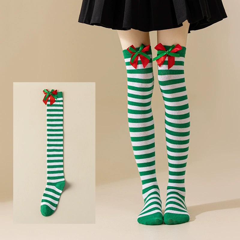 Women with Bow Accent for Women Girls Christmas Socks Knee-High Over-the-Knee Elegant Red & Green Striped Long Socks