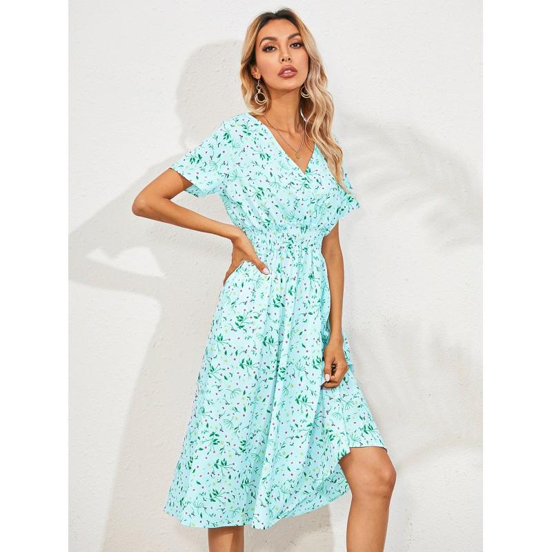 Womens Short Sleeve Floral Print Dress Loose V-Neck Casual Mid-Length