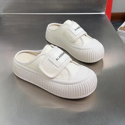 Полутапочки с толстым носком, женская уличная одежда, новые летние повседневные белые парусиновые туфли, сандалии