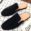 New Men Half Slippers Charm Rhinestones Loafers Casual Patent Leather Mules Moccasins Breathable Silver Black Driving Shoes