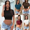 Женская летняя футболка с коротким рукавом и круглым вырезом, сплошной цвет, приталенная футболка с голым животом, топ