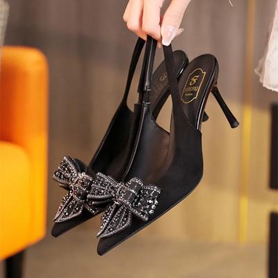 Модные высококачественные сатиновые сандалии-слайды с ремешком на пятке и острым носком, роскошные сандалии на высоком каблуке с бантом из страз, женская элегантная банкетная обувь