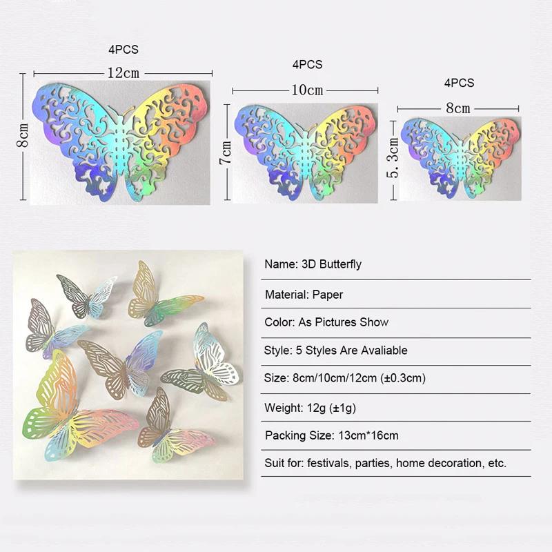 12Pcs Fashion 3D Dazzling Color Hollow Wall Stickers Butterflies Party Wedding Decoration DIY Home Decor Stickers Fridge Decal