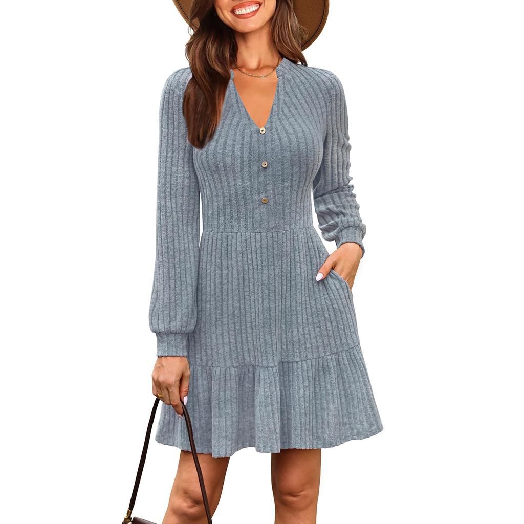Женское модное повседневное платье-свитер с V-образным вырезом, на пуговицах, вязаное в рубчик, с карманом, с длинным рукавом