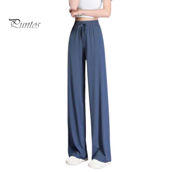 Женские брюки, эластичные повседневные брюки с высокой талией и регулируемым шнурком, однотонные свободные брюки с широкими штанинами, летние тонкие длинные брюки