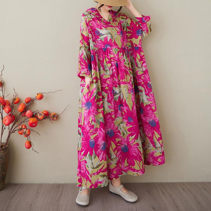 DIMANAF 2025 Плюс Размер Летнее Платье-Шляпа Женское Повседневное Винтажное Длинное Платье Свободное Цветочное Печать Льняное Платье Макси
