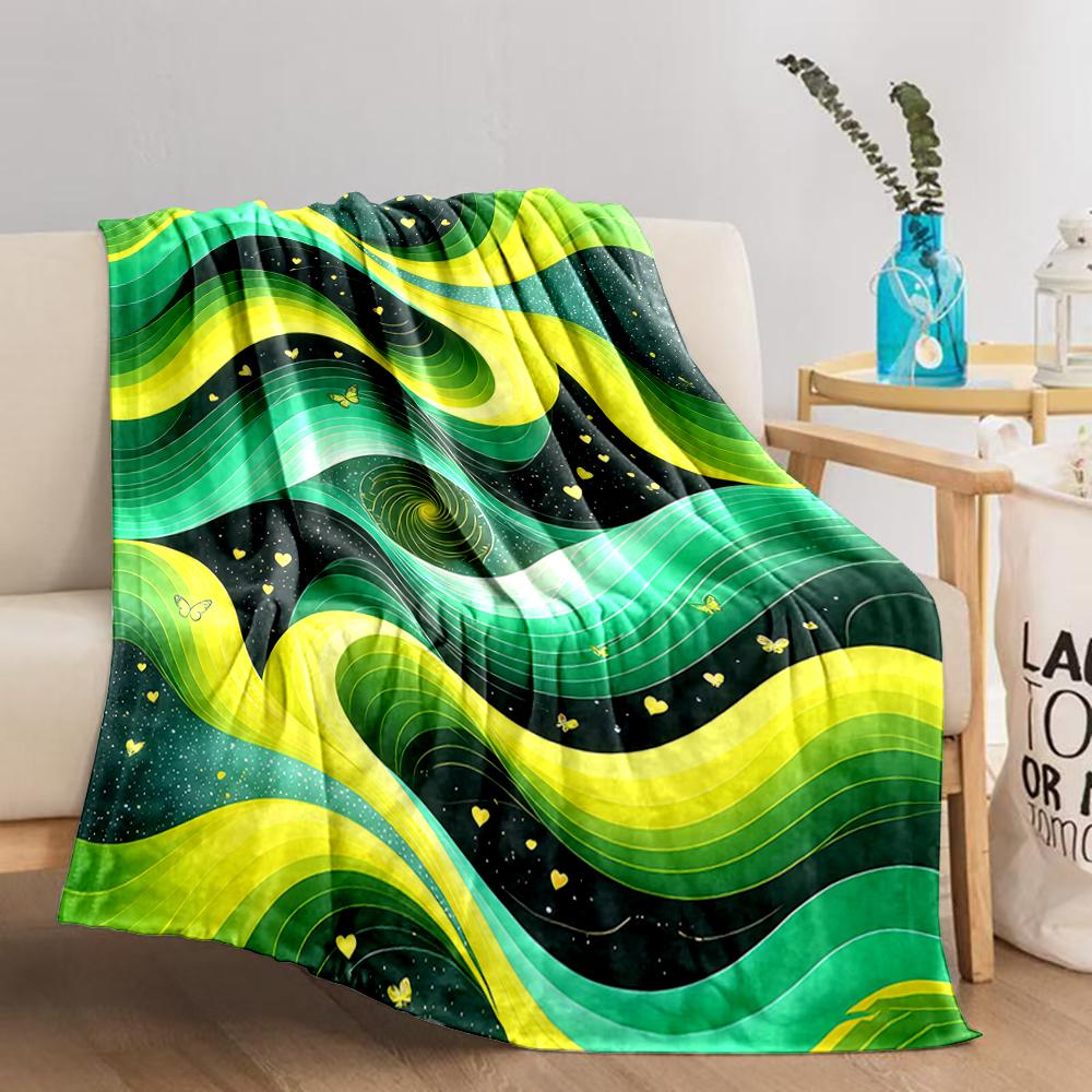 Modern Abstract Green and Yellow Wave blanket with Butterflies Design blanket, suitable for use in the bedroom, living room, on the sofa