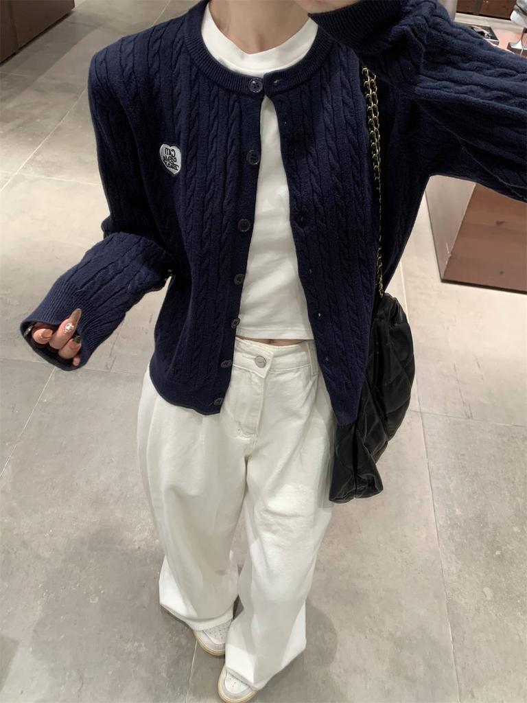 Темно-синий белый свитер с круглым вырезом, переплетением и вышивкой для женской весны и осени, свитер-жакет с небольшим дизайном