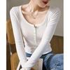Button Base Shirt for Women In Autumn and Winter New T-shirt for Slim Outside and Long-sleeved T-shirt Round Neck Slim Body