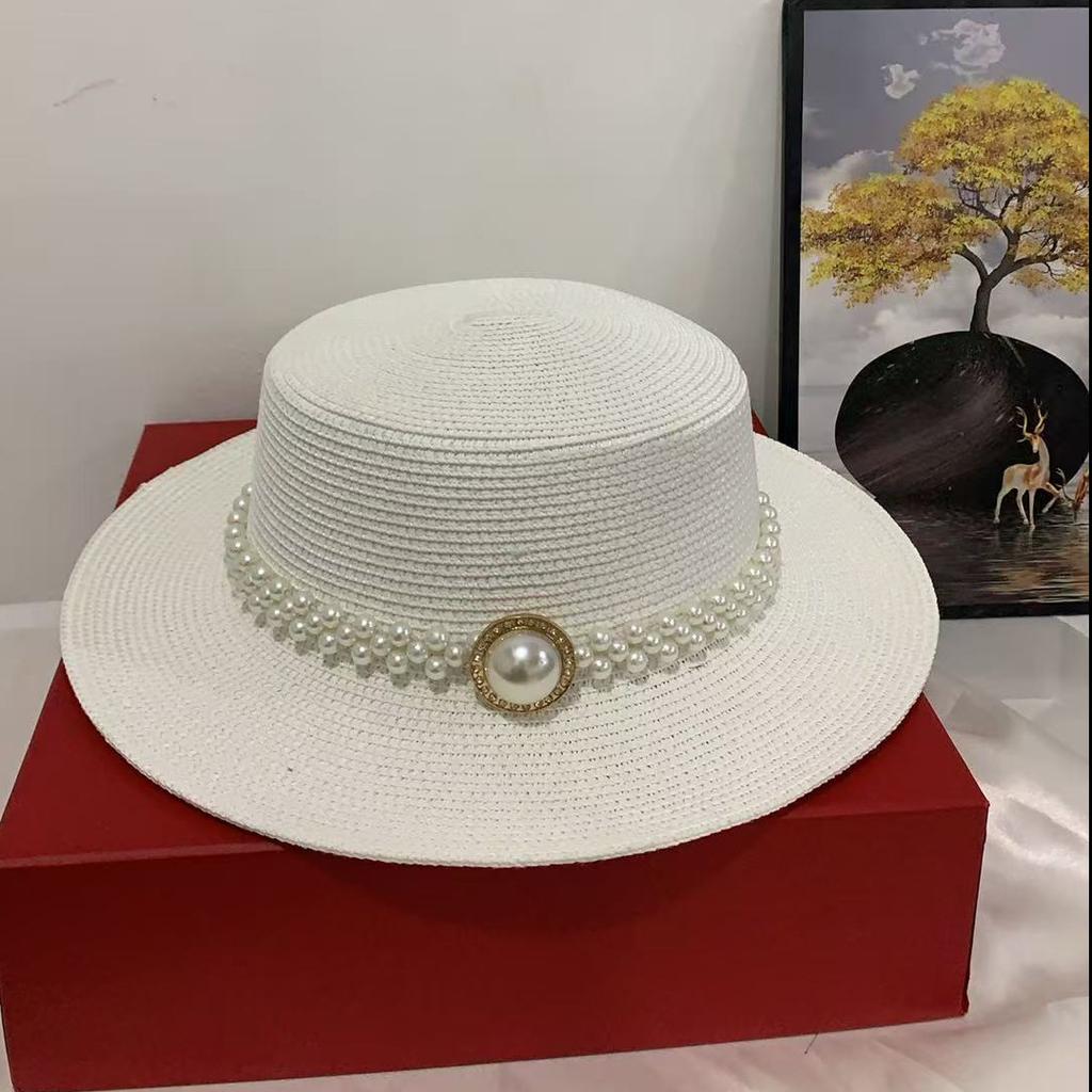 French elegant retro pearl grass hat women's spring summer fashion Internet celebrity temperament flat top niche top hat tide self