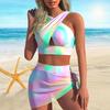 Women's Shoulder Strap Swimsuit Green Summer Printed Bikini Short Tank Top Swimsuit