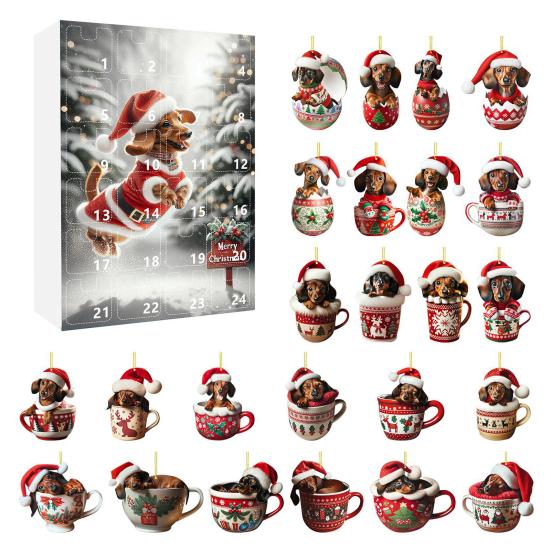 Dachshund Advent Calendar 2025 24 Days Christmas Countdown Calendar with Funny Cup Dachshunds Pendants Collectible Acrylic Xmas Tree Ornaments Set