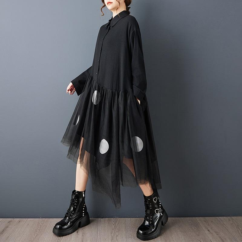 Платье-рубашка с длинным рукавом, большого размера, черное, из хлопковой сетки в винтажный горошек, новое, для женщин, повседневное, свободное, весеннее, осеннее