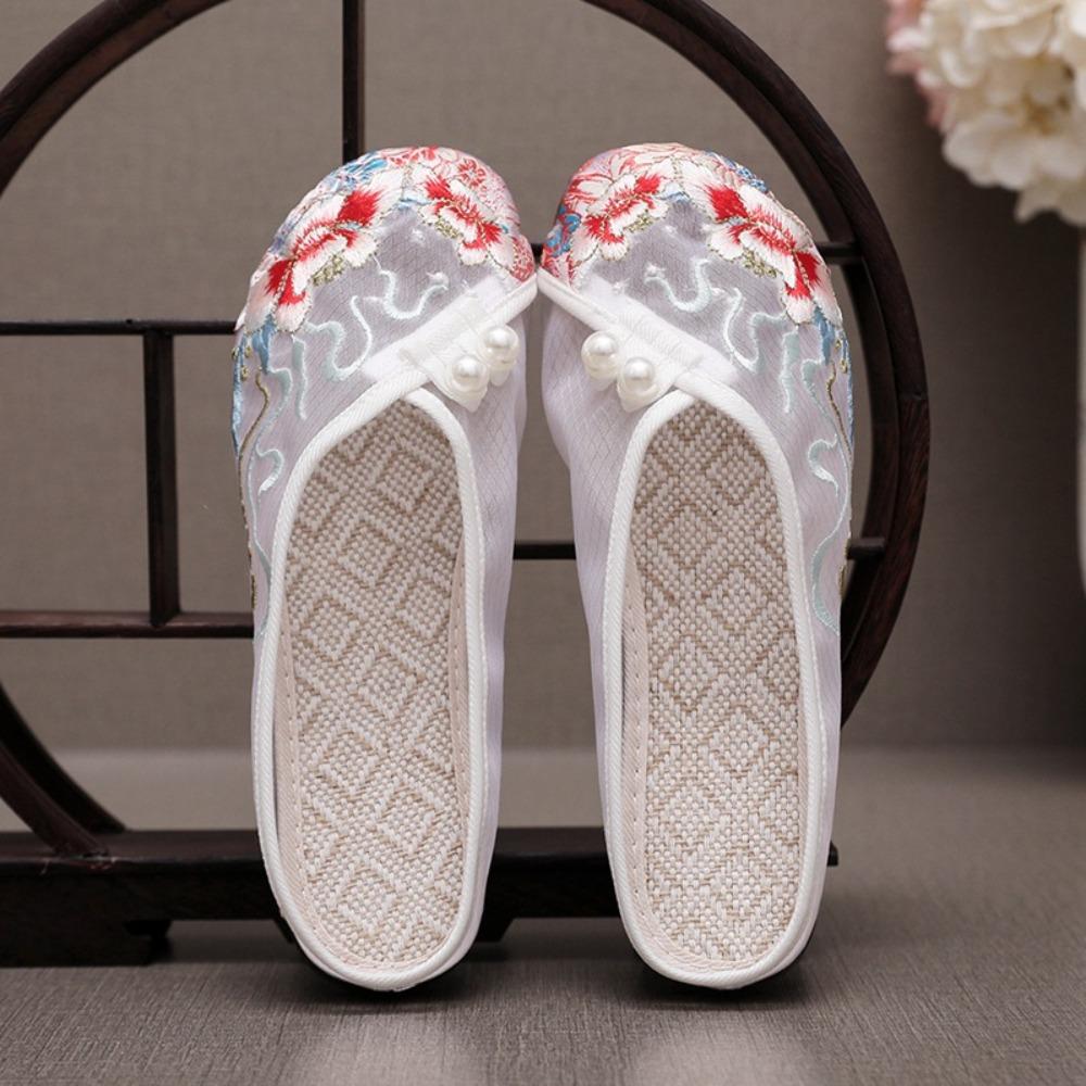 Жемчужные тапочки Ханфу Сетчатые вышитые туфли Этнический стиль Тапочки Баотоу Аксессуары для Ханфу