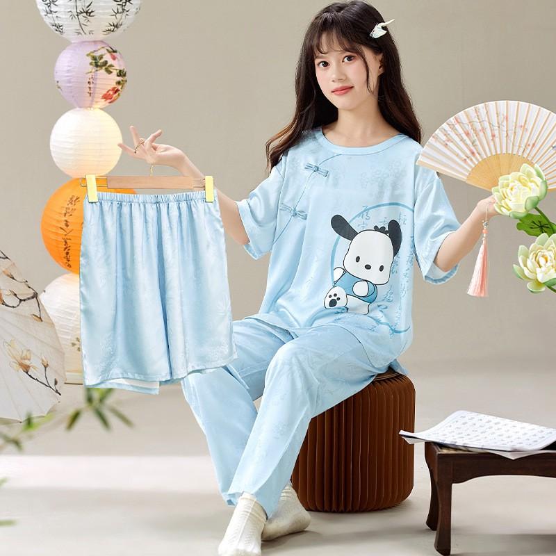 Girls Ice Silk Pajama Set Lightweight 3-Piece Chinese Style Sleepwear Kids Ages 8