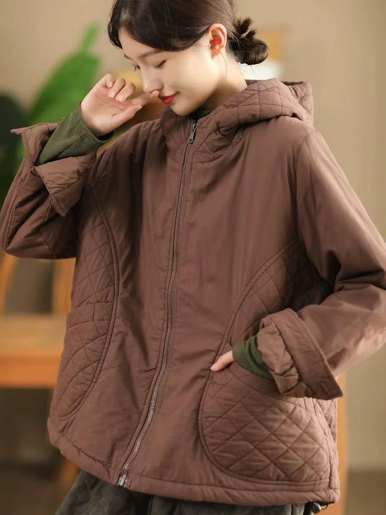 Johnature Модное повседневное пальто с капюшоном и свободной молнией, однотонное, зимнее, с длинными рукавами, в китайском стиле, сращивающееся пальто