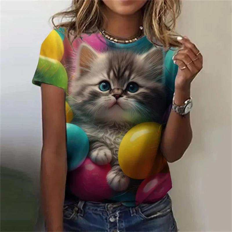 Модная женская футболка с 3D принтом Kawaii Cat Pattern, топ с короткими рукавами и круглым вырезом, летняя уличная повседневная уличная простая одежда