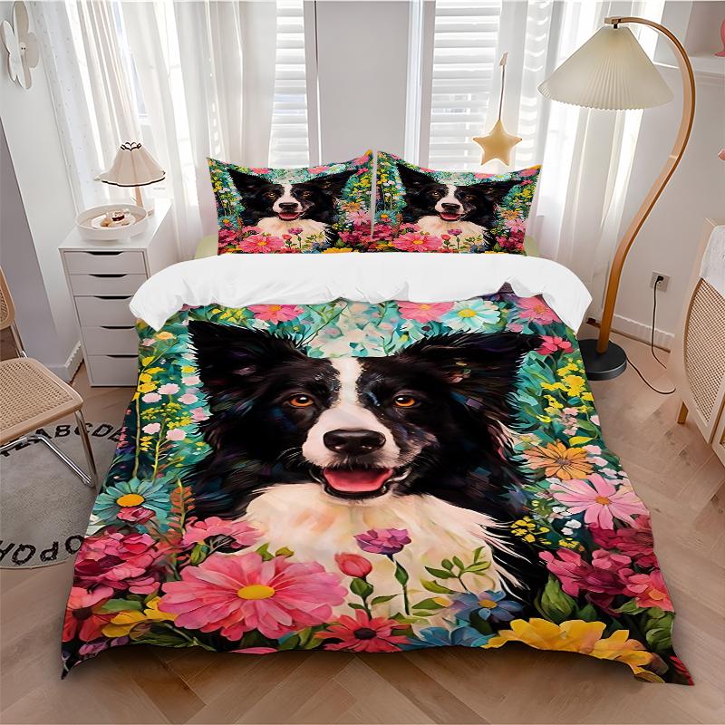 3Pcs Floral Border Collie Portrait Bedding Set Soft Fabric Duvet Cover Pillowcases Home Christmas Xmas Halloween Gift 1 Duvet Cover 2 Pillowcase