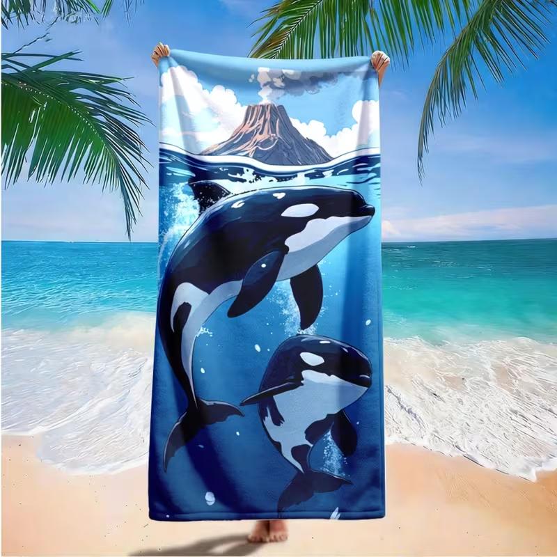 Cute Orca Killer Whale Volcano Ocean Beach Towel Marine Print Quick Dry Sand Resistant Swimming Towel Summer Travel Yoga Towel