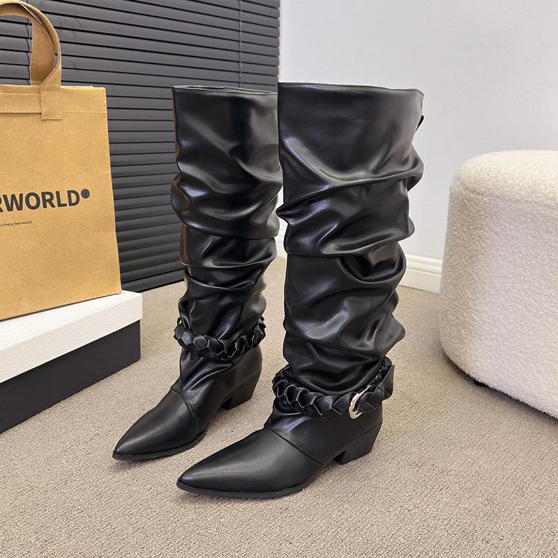 Woven Western Cowboy Boots Women'S Autumn And Winter New Big Tube Circumference Tall Tube Thick High Heel Thin Pile Knight Boots