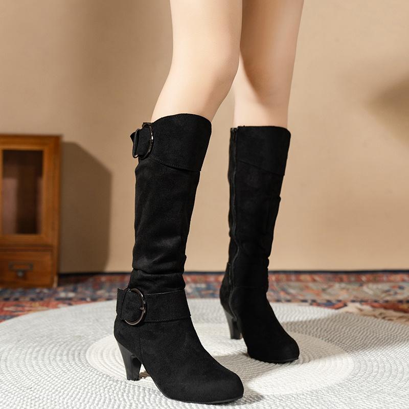 New Style Round Toe Pin Buckle Fashion High Heel Mid-calf Boots Comfortable Side Zipper Solid Color Simple Winter Women's Shoes