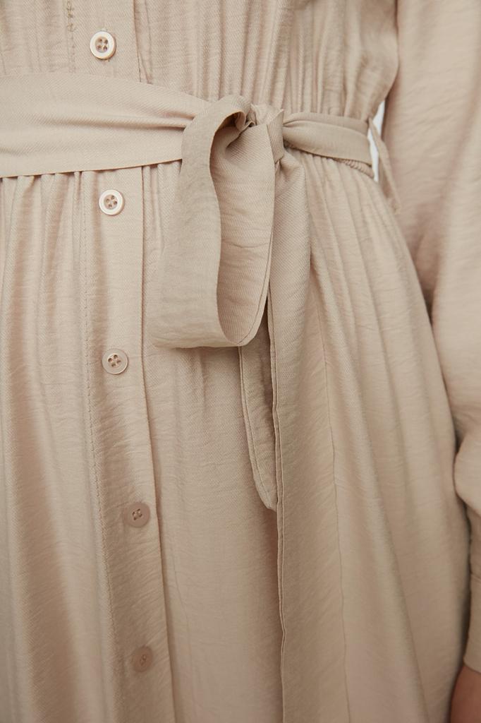 Women's Fashion New Hijab Dress Mink Belted Shoulder Detailed Skirt Flounced Woven Shirt Dress