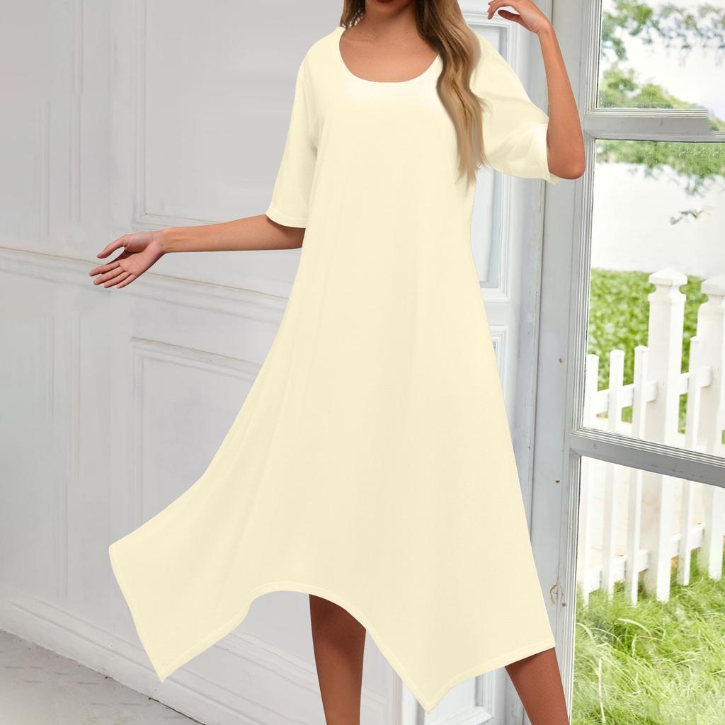 Женское повседневное модное платье миди с круглым вырезом и коротким рукавом, однотонное, с неровным подолом