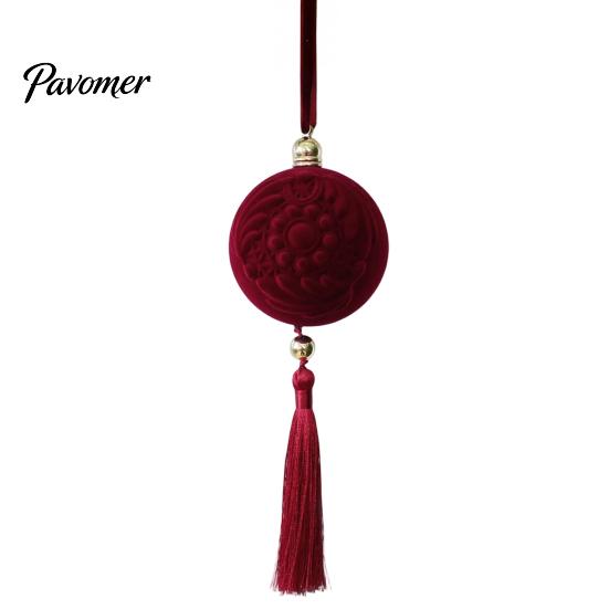 Рельефные ornaments из замшевой текстуры, Бордовый flocked рождественский шар с кисточками и золотыми бусинами, Классические ретро-украшения для елки, Вельветовые декоративные подвески