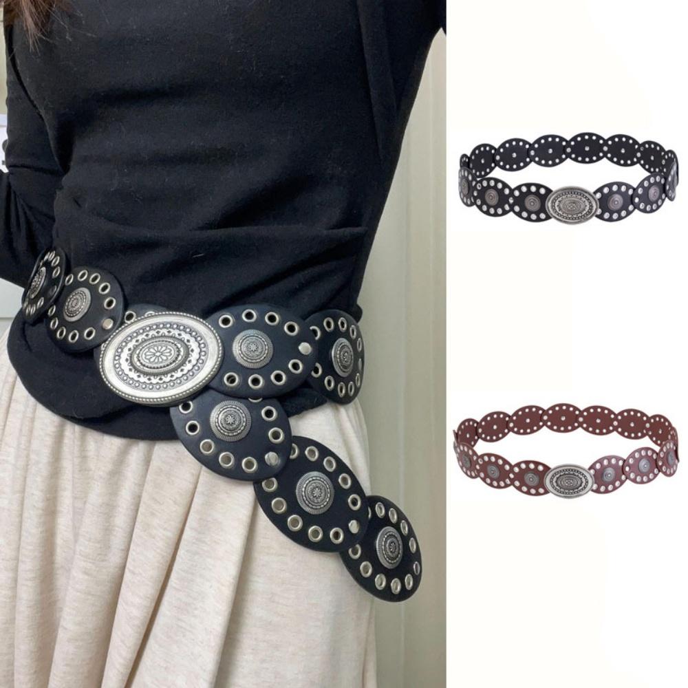 Steampunk Wide Waist Belt Gold Studded Vintage Western Belt Pu Leather Waistband Cowboy Large Round Buckle Belt For Themed Party