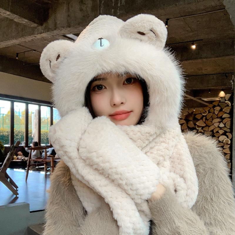 Плюшевая шапка, шарф, перчатки, интегрированная шапка, женская милая модная шапка-пуловер с защитой ушей, зимний теплый и холодный комплект из трех предметов