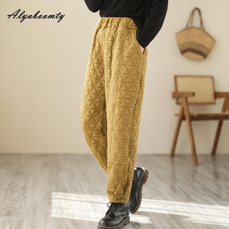 Корейский стиль осень-зима женские теплые брюки с высокой талией бежевые серые желтые толстые брюки с подкладкой повседневные свободные шаровары