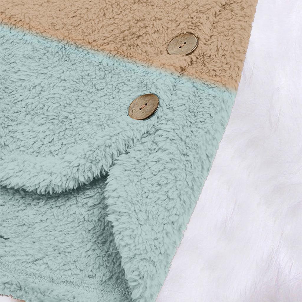 Women Plus Size Button Plush Tops Hooded Patchwork Loose Cardigan Wool Coat Winter Jacket