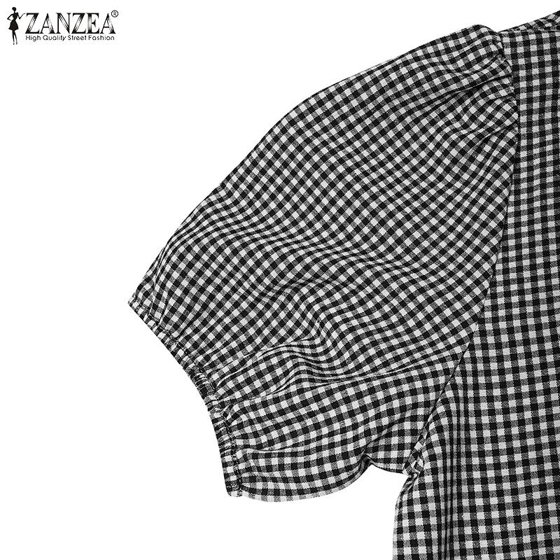 ZANZEA Женское повседневное платье с круглым вырезом, принтом в клетку, летнее, с коротким рукавом