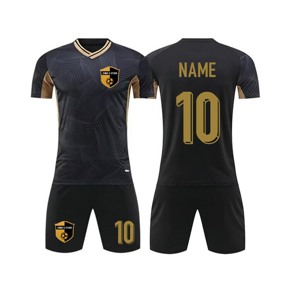Customized Black Football Jerseys with Gold Color For Men Children Wear, Polyester Breathable Boys Girls Soccer Shirt