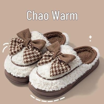 Женские зимние тапочки из плюшевого хлопка с бантом - Милые, теплые, на толстой подошве, для дома